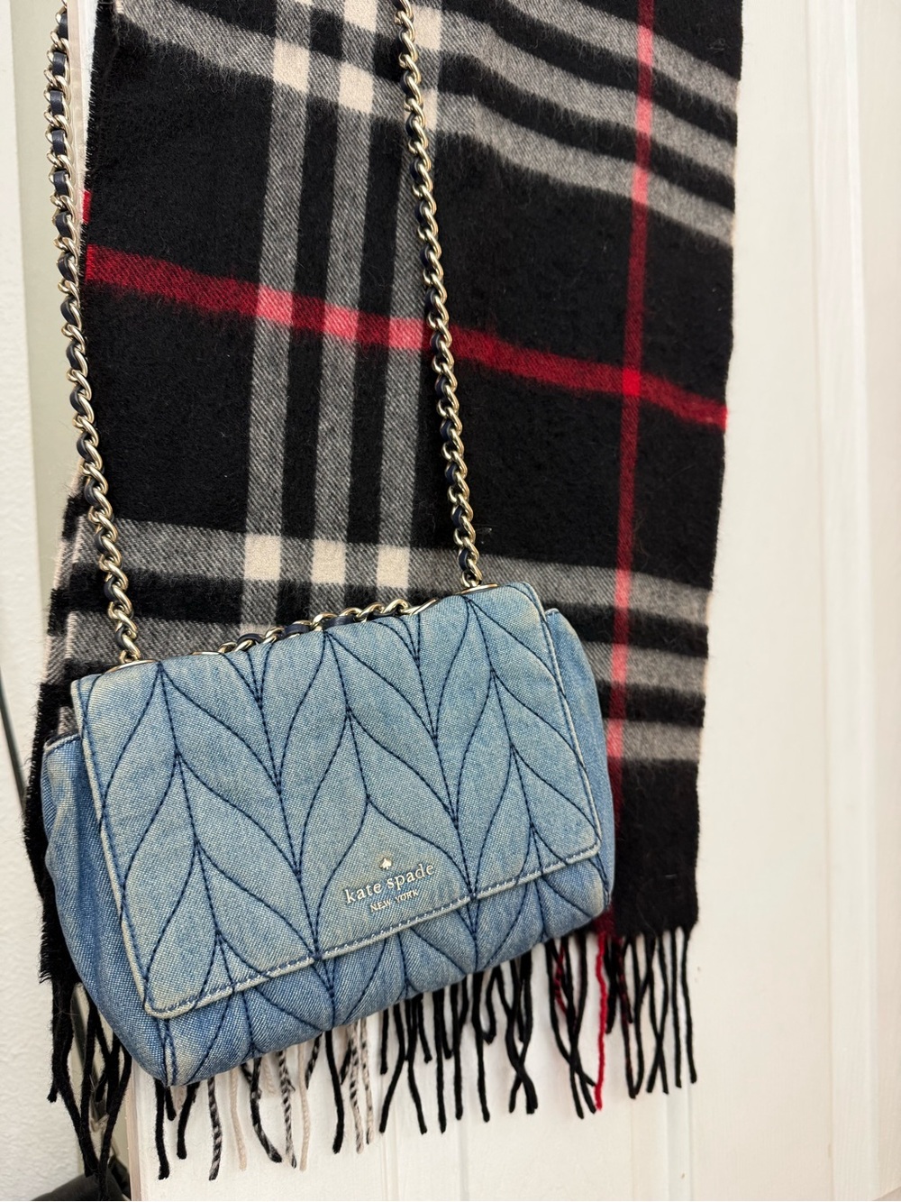 kate spade light blue quilted denim crossbody with chain strap